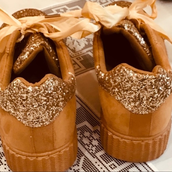 FOREVER Glitter Rust & Gold Suede Tennis Shoes with Ribbon laces. - Picture 12 of 14